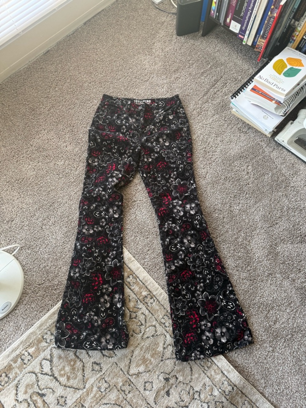 Idyllwind Black Floral Flare Jeans with Red Accents